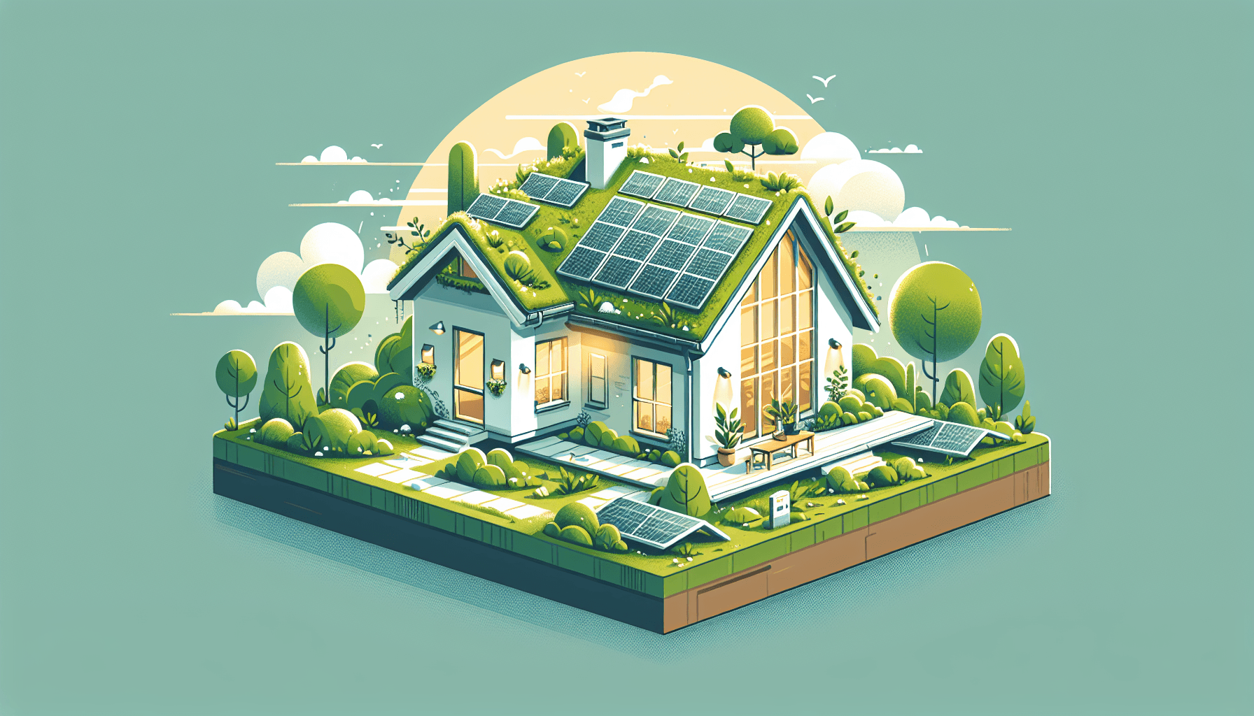 Illustration of a green roof and solar panels on a modern house