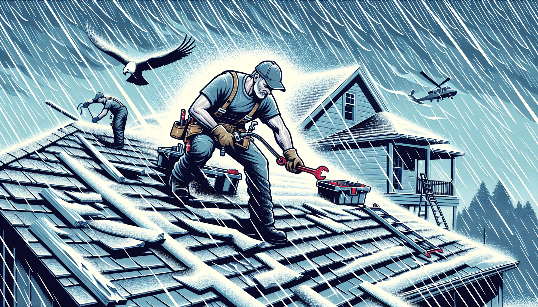 Illustration of a roofing contractor repairing a damaged roof during a storm