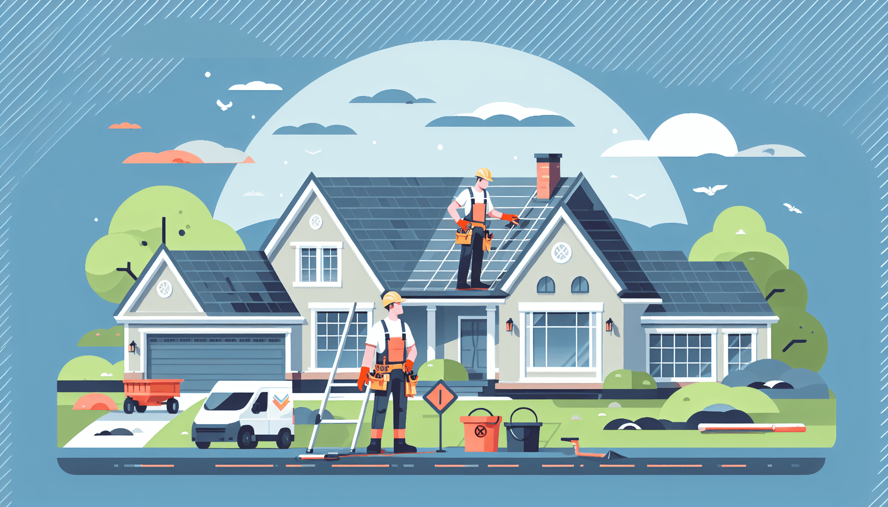 Illustration of a homeowner performing roof maintenance and gutter cleaning